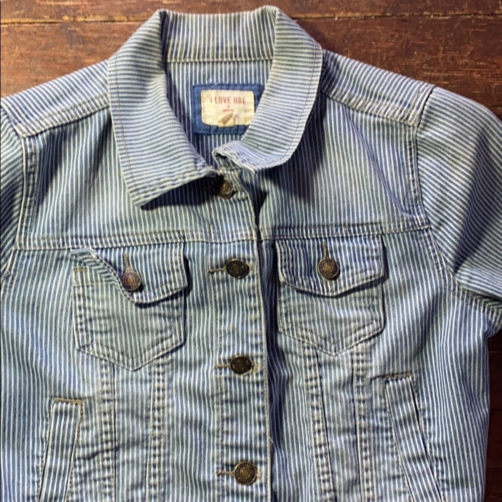 I Love H81 Cropped Striped Denim Jacket Small